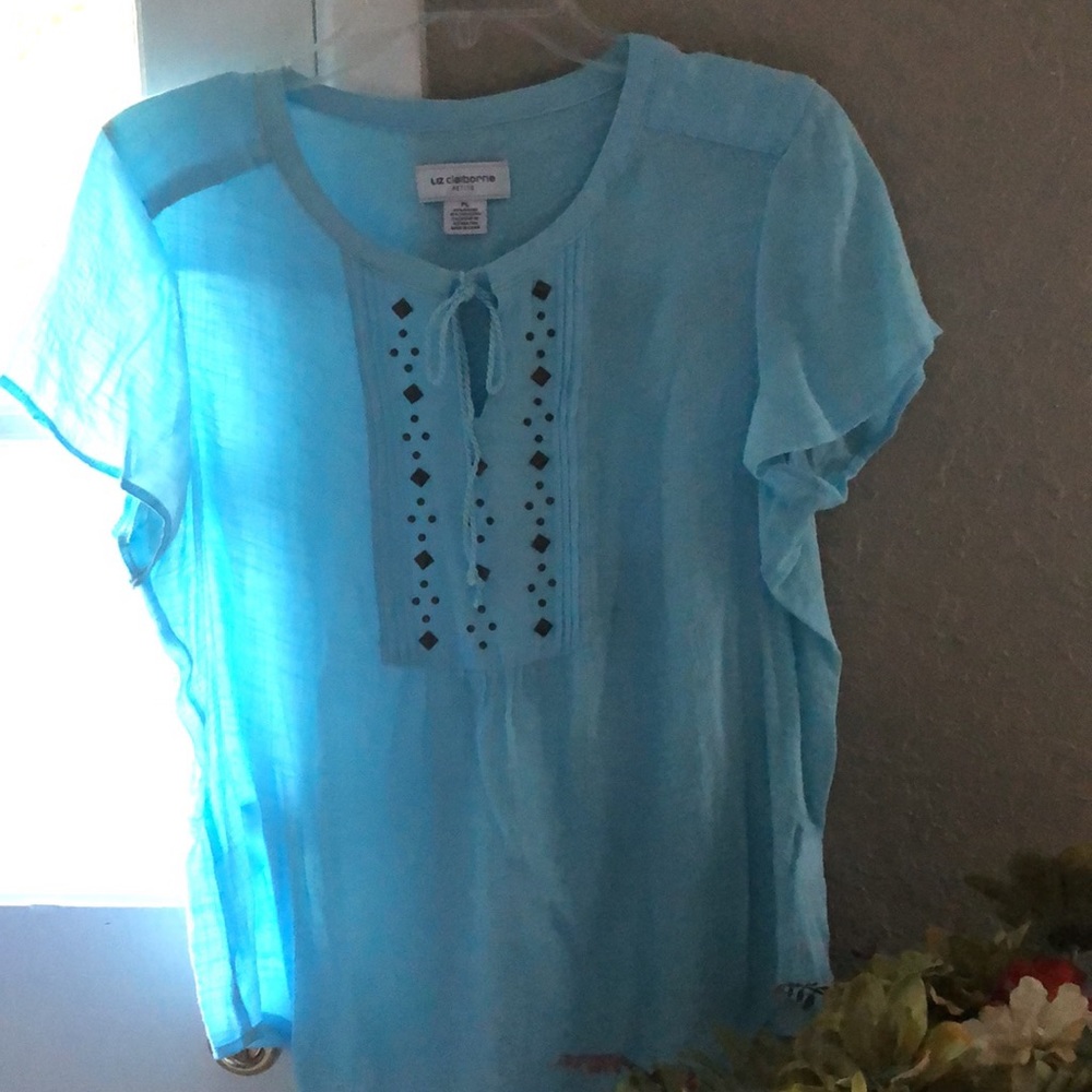 Liz Claiborne petite large aqua blue shirt. Worn once.  New condition